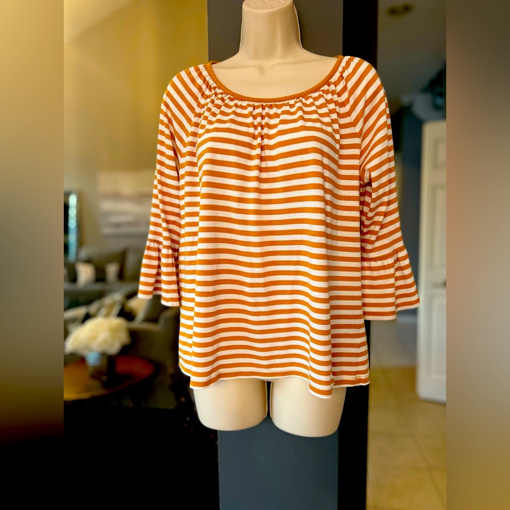 Michael Kors - Orange/White Striped 3/4 Ruffle Sleeve Pullover Top M